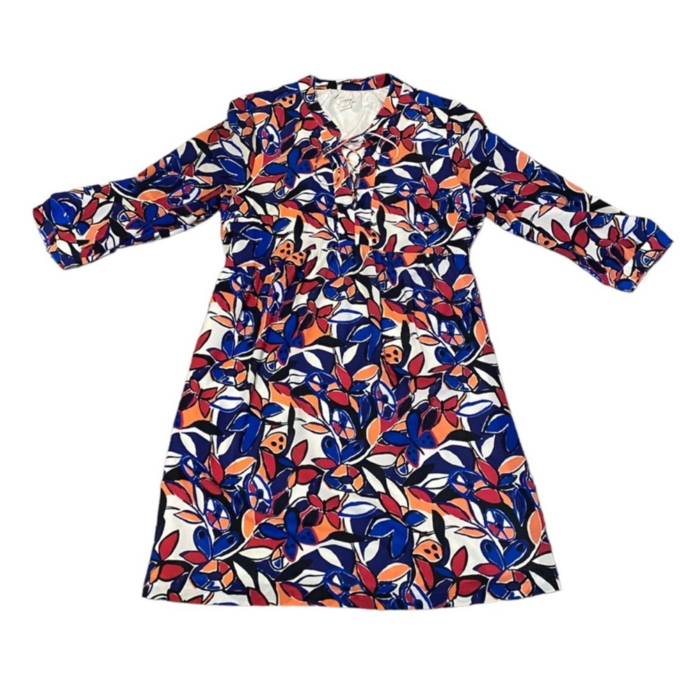 J. Crew Factory bright floral print dress with lace up neckline